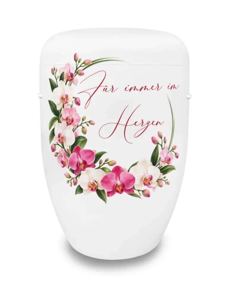 Weiße Urne mit Orchideen und Spruch Für immer im Herzen
